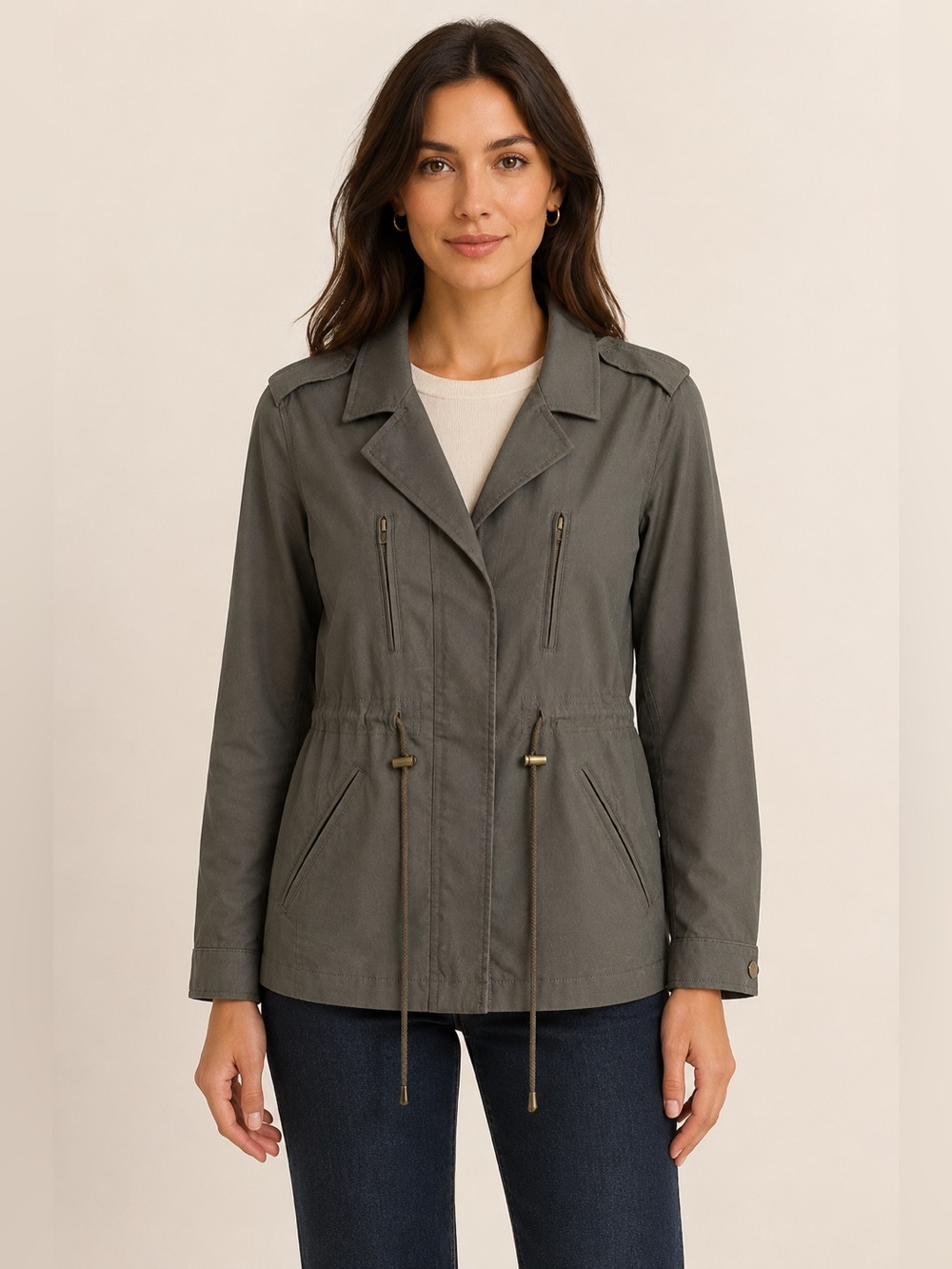 Eden Society Olive Green Utility Jacket Large Drawstring Waist Stretch